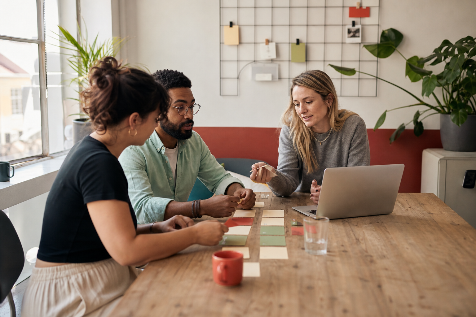 Drie collega's verdelen kaartjes tijdens een overleg over een bescheiden marketingbudget