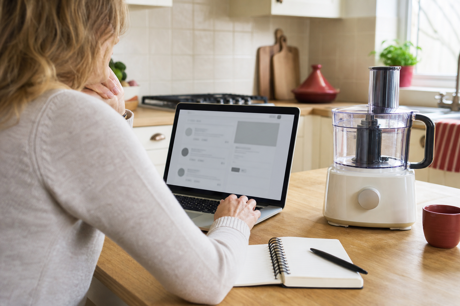 Consument vergelijkt op een laptop beoordelingen van een keukenmachine die naast haar staat