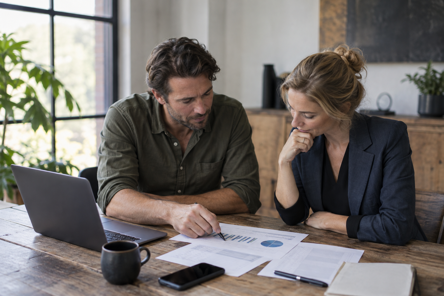 Twee zakenpartners bespreken een waarderingsoverzicht